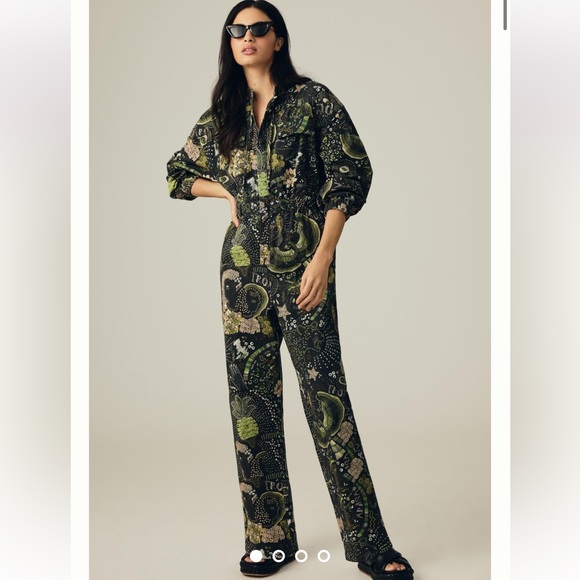 FARM Rio Pants - FARM Rio Black & Green Printed Long-Sleeve Jumpsuit